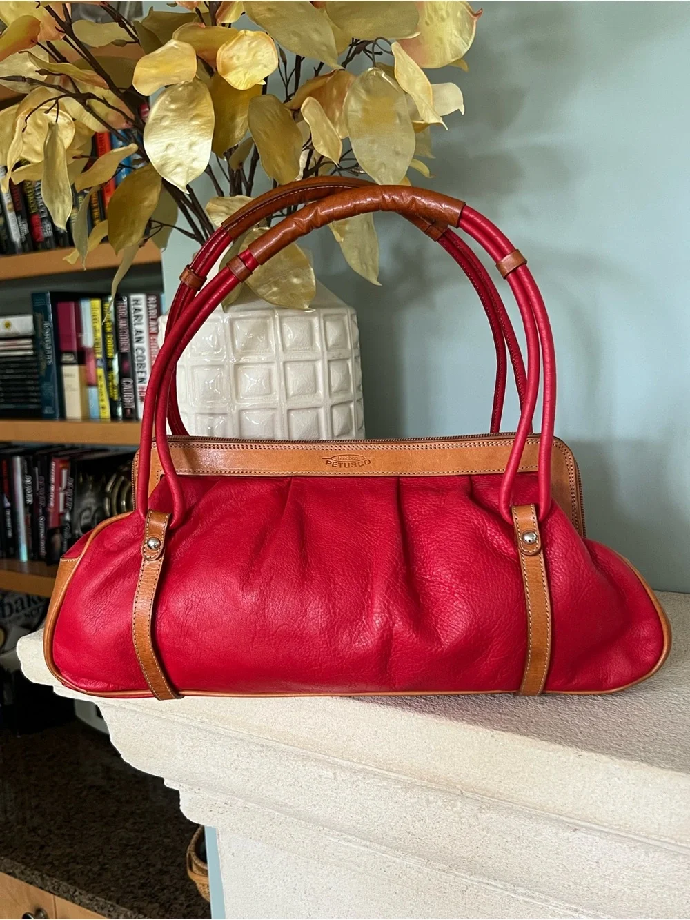 Petusco Spain Red Leather East West Baguette Bag Slouchy Ruched Shoulder Purse
